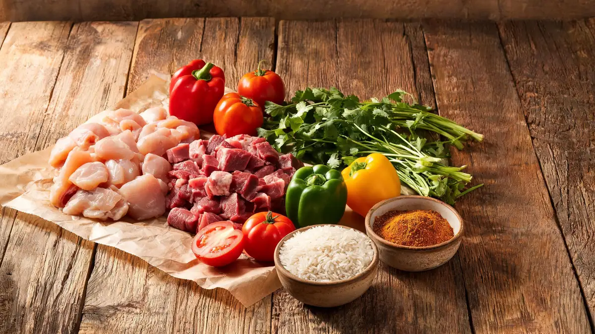 Verse ingredienten voor een halal maaltijdbox op een houten tafel, met kip, groenten, kruiden en rijst
