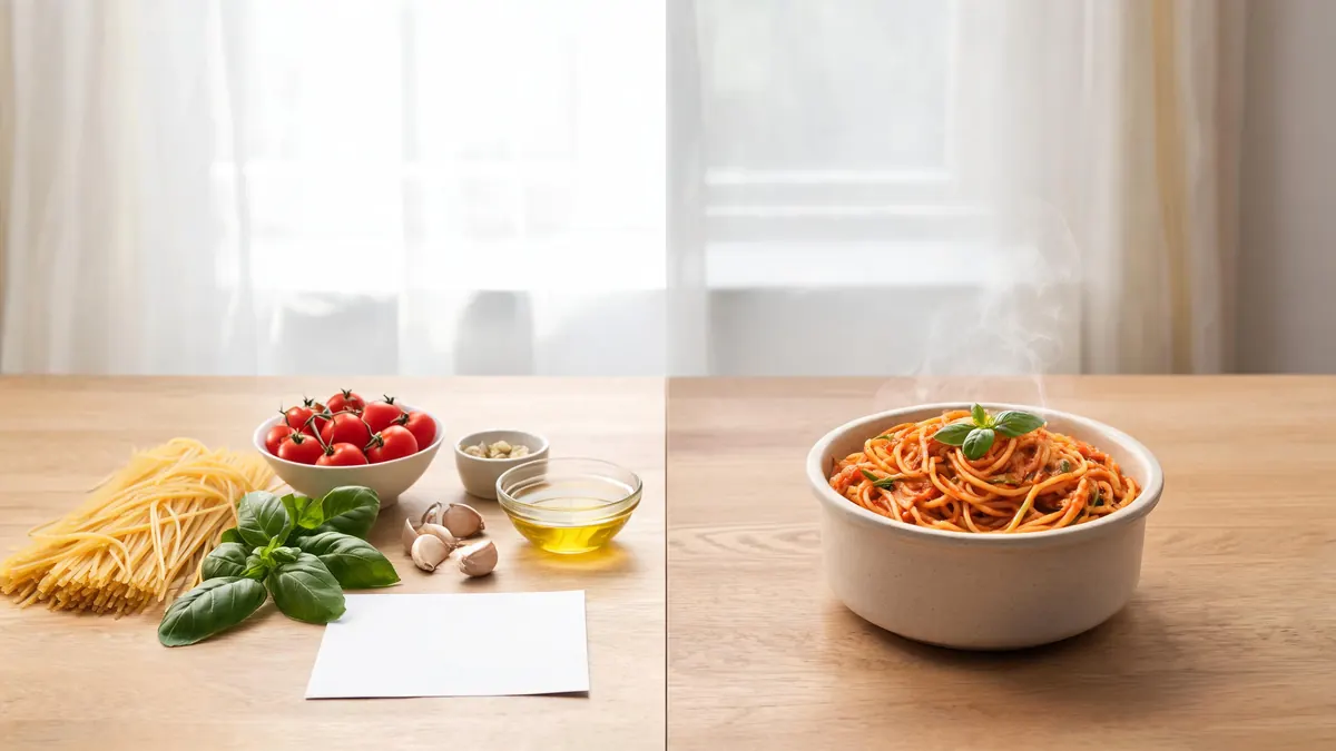 Links verse losse ingredienten om zelf te koken, rechts een bereide maaltijd in een bakje, naast elkaar op een tafel