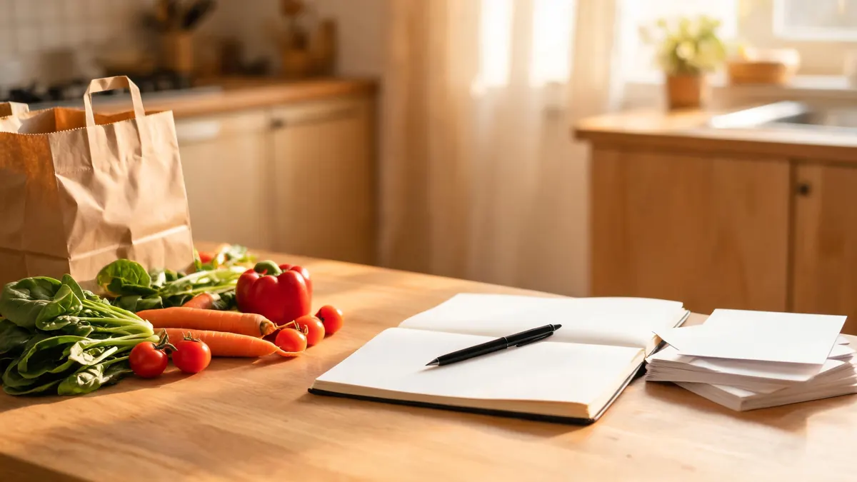 Verse ingredienten uit een maaltijdbox naast een notitieboek en receptkaarten op een keukentafel