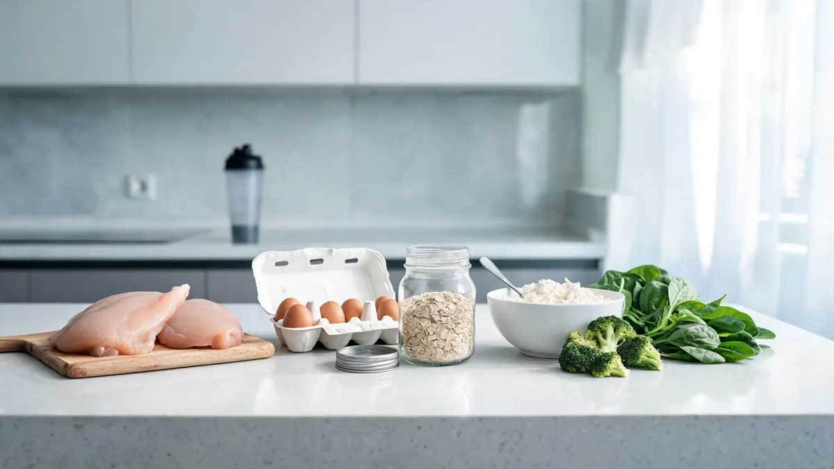 Eiwitrijke ingredienten voor een sportief avondmaal uit een maaltijdbox: kipfilet, eieren, havermout en groenten