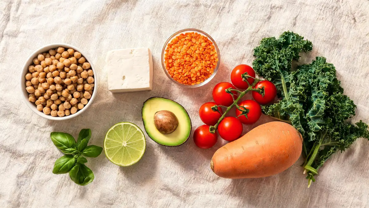Kleurrijke plantaardige ingredienten voor een vegan maaltijdbox: groenten, kikkererwten, tofu en verse kruiden