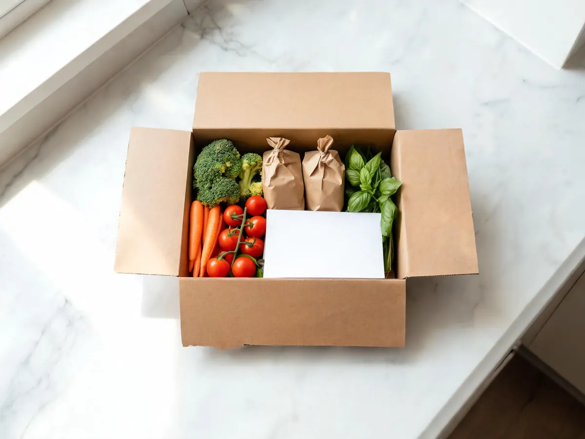 Open maaltijdbox met verse groenten, kruiden en een receptkaart op een keukenaanrecht